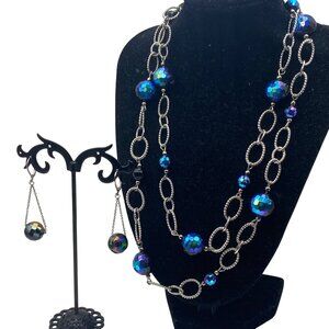 Glass AB Faceted Black Bead Necklace Earring Set Silver Tone 36" Chain 2" Dangle